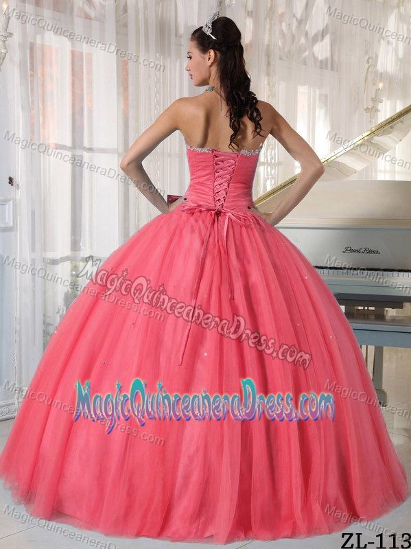 Noble Simple Watermelon Sweetheart Tulle Beading and Bowknot Quinceanera Dress