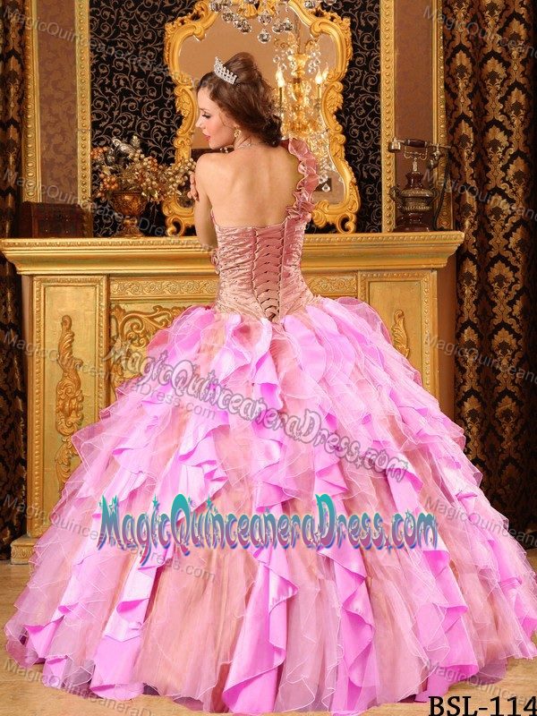 Multi-Color One Shoulder Floor-length Taffeta and Organza Beaded Sweet 16 Dress