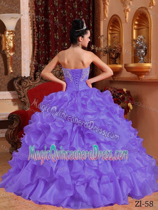 Purple Strapless Organza Ruffles and Appliques Quinceanera Dress in Racine WI