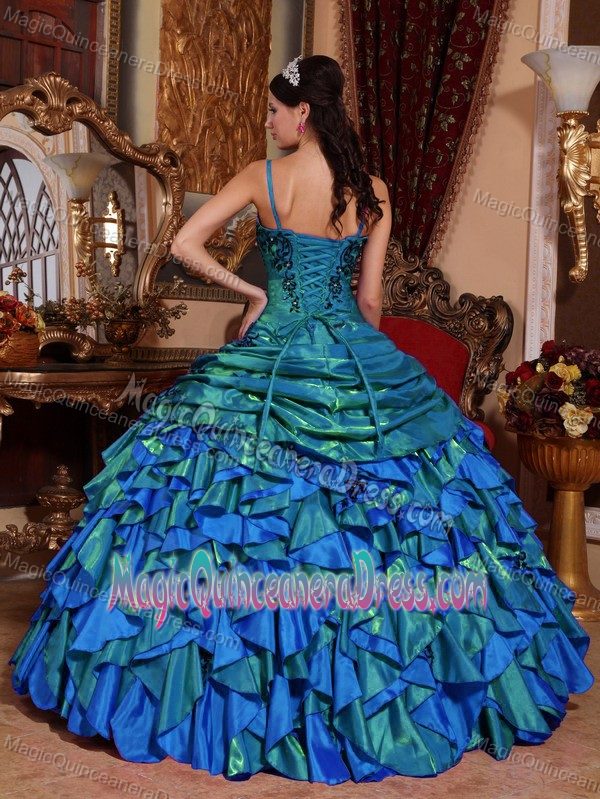 Ruffled Blue Straps Embroidery and Beading Decorated Quinceanera Dress in Oshkosh