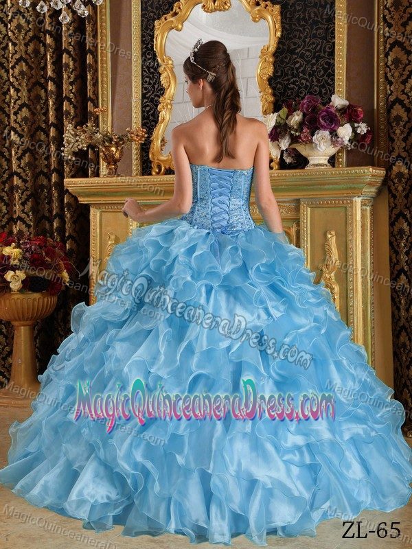 Beaded and Ruffled Blue Organza Sweetheart Quinceanera Dress in Brookfield WI