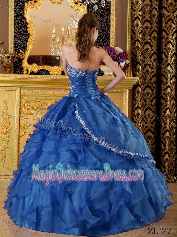 Blue Strapless Floor-length Organza Appliques Quinceanera Dress in Appleton WI