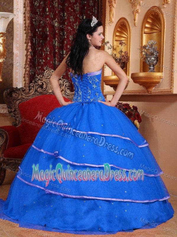 Blue Sweetheart Beaded Satin and Tulle Lace-up Quinceanera Dress in Charleston