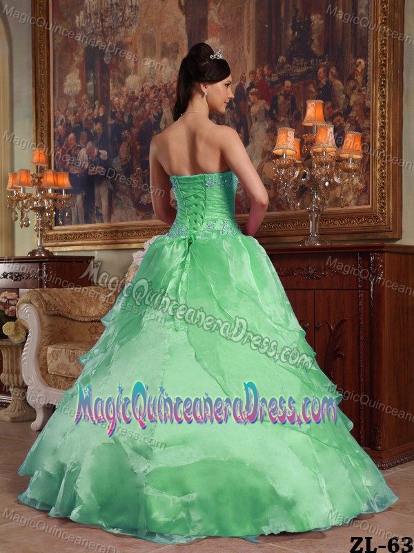 Strapless Organza Beading and Hand-made Flower Green Quinceanera Dress