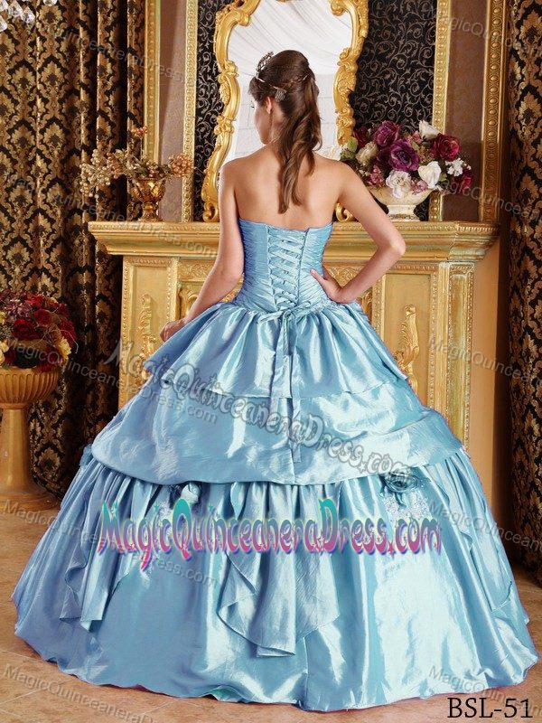 Blue Strapless Beaded Quinceanera Dress with Hand-made Flowers and Beading