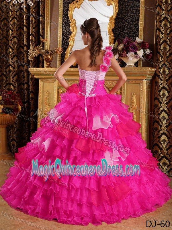 One Shoulder Hot Pink Quinceanera Dress with Ruffles and Beading in Pullman