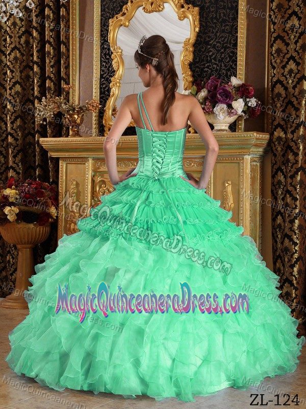 Satin and Organza Beaded Apple Green Quinceanera Dress with One Shoulder