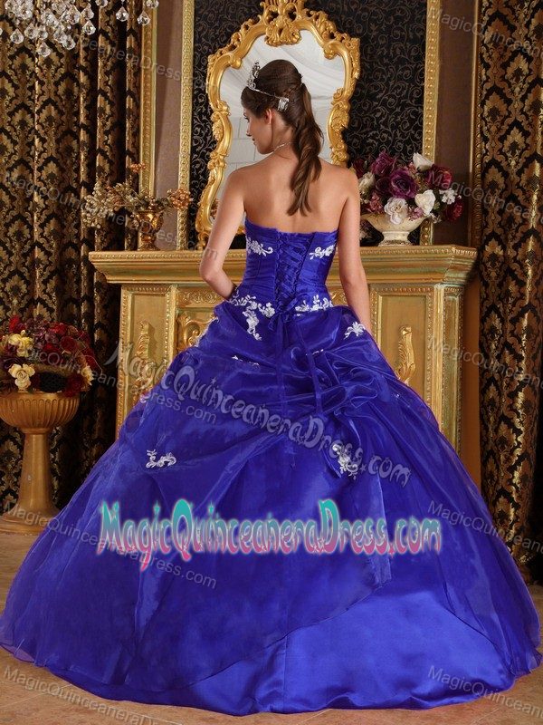 Free Shipping Royal Blue Strapless Organza Appliques Dress For Quinceanera