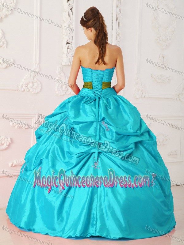 Aqua Blue Strapless Dress for Sweet 15 with Beading and Sash in Williamsburg