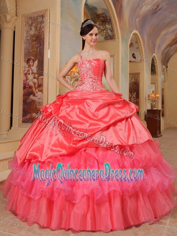 Watermelon One Shoulder Taffeta Quinceanera Dress with Appliques in Vienna