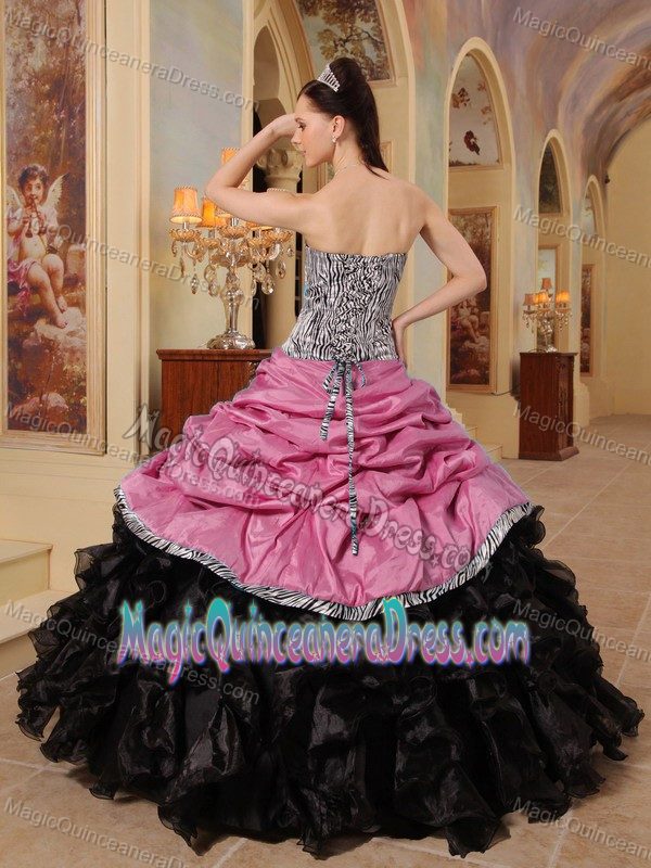 New Pink and Black Sweetheart Ruffled Taffeta and Organza Dress for Quince