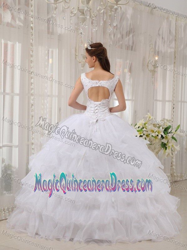 White Satin and Organza Appliques Scoop Dress For Quinceanera in Norfolk VA