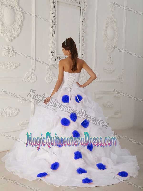Beaded and Flowery Organza White Strapless Quinceanera Dress with Court Train
