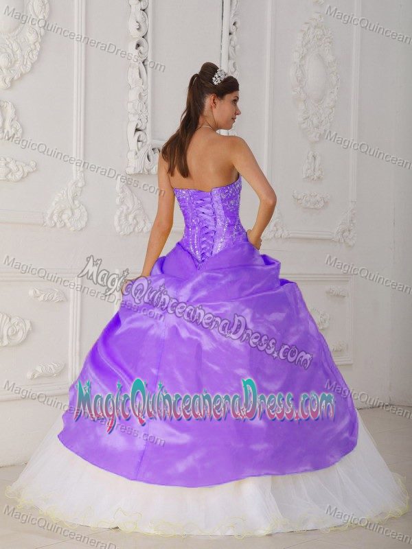 Purple and White Strapless Appliques and Hand-made Flower Dress for Quince
