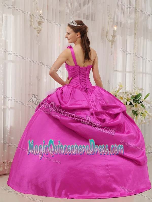 Hot Pink One Shoulder Beading and Pick-ups Quinceanera Dress Floor-length