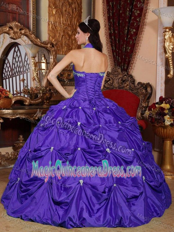 Purple Halter Top Floor-length Taffeta Appliqued Quinceanera Dress