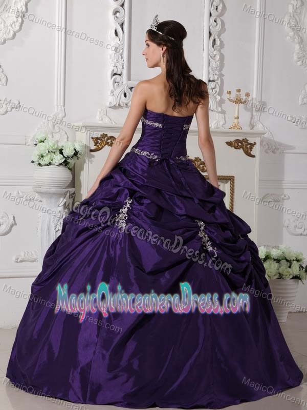 Strapless Floor-length Taffeta Appliqued Quince Dress in Purple in San Felipe