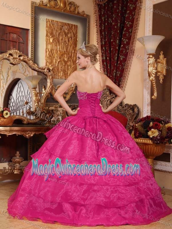 Hot Pink Strapless Floor-length Quince Dress with Appliques in Calle Larga