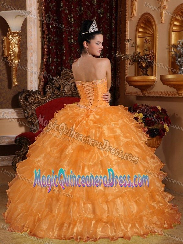 Strapless Floor-length Organza Beaded Quinceanera Dress in Orange