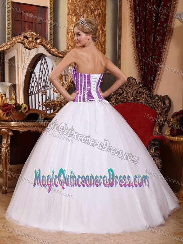 Strapless Floor-length Tulle Sequined Quinceanera Dress in White in Salamanca