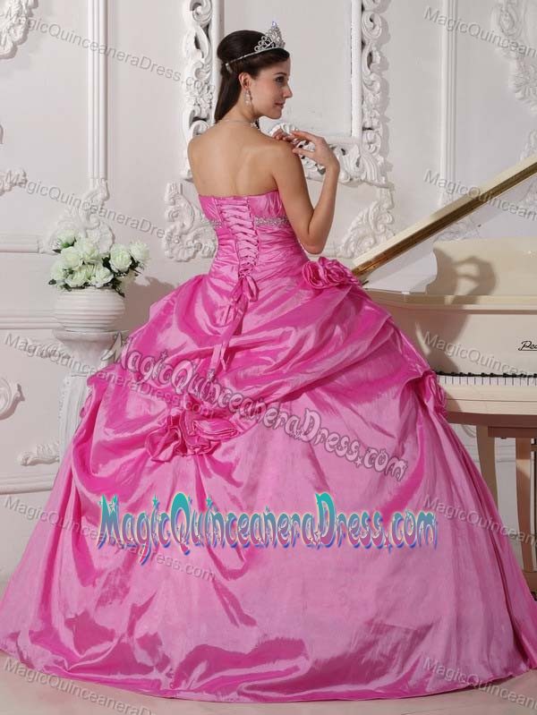 Hot Pink Sweetheart Beaded Sweet 15 Dress with Hand Flowers in Victoria