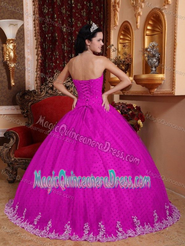 Strapless Floor-length Tulle Lace Appliqued Quince Dress in Fuchsia
