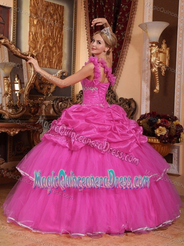 Hot Pink One Shoulder Beaded Quinceanera Dress with Pick-ups in Tocopilla
