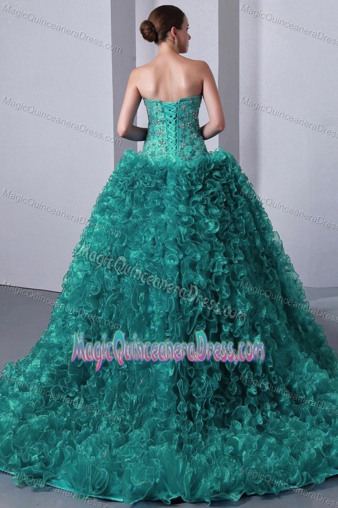Turquoise Sweetheart Beaded Ruffles Quince Dress with Brush Train