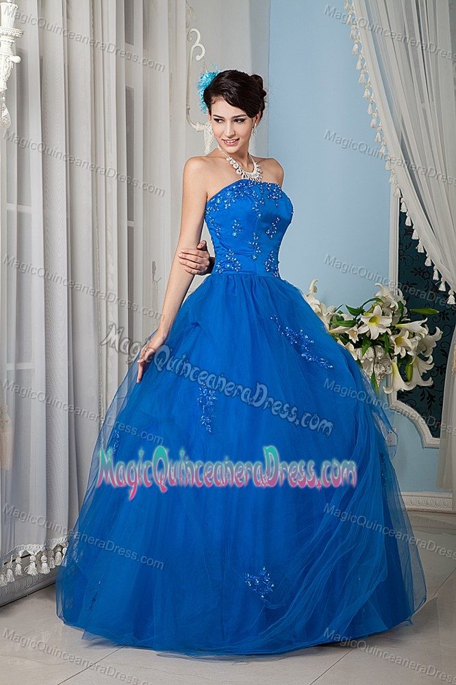 Strapless Floor-length Tulle Beaded Quinceanera Dress in Royal Blue
