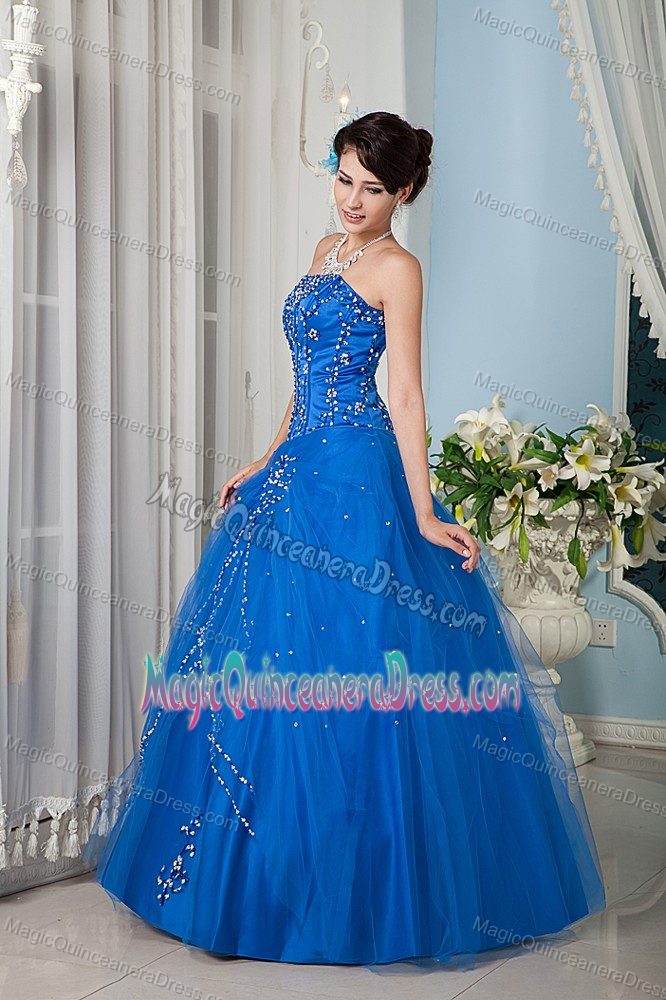Blue Strapless Floor-length Quinceanera Gown Dress in Tulle in Vallenar