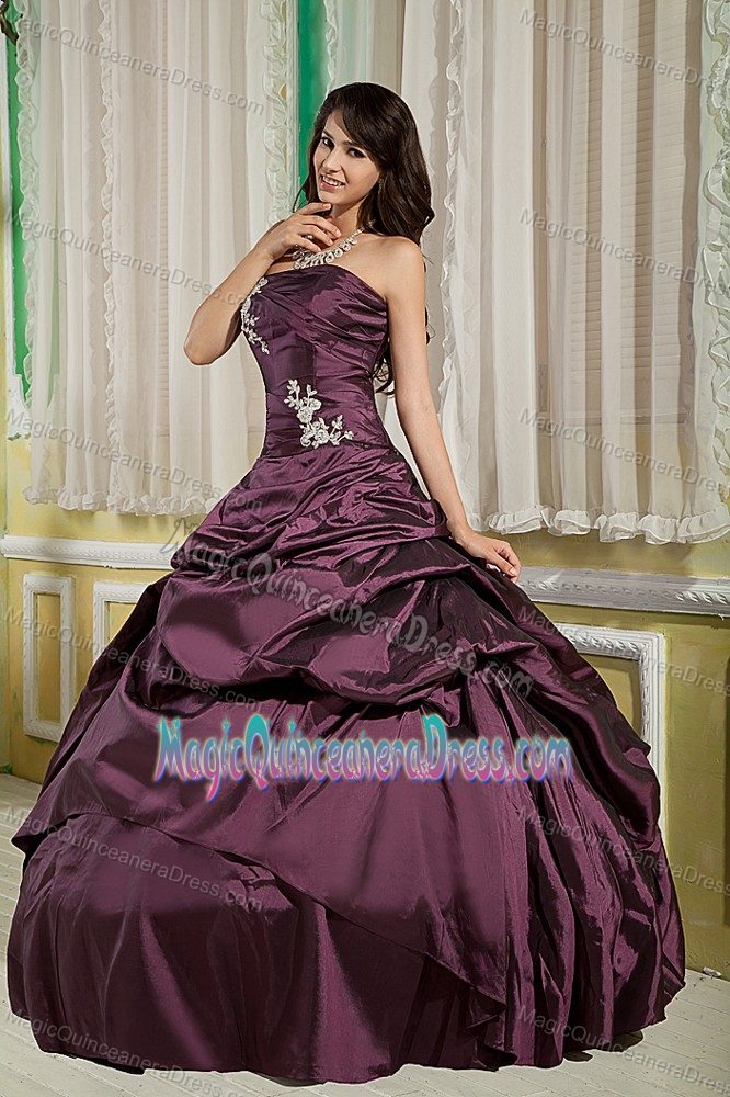 Strapless Taffeta Appliqued Quinceanera Gown Dress in Dark Purple