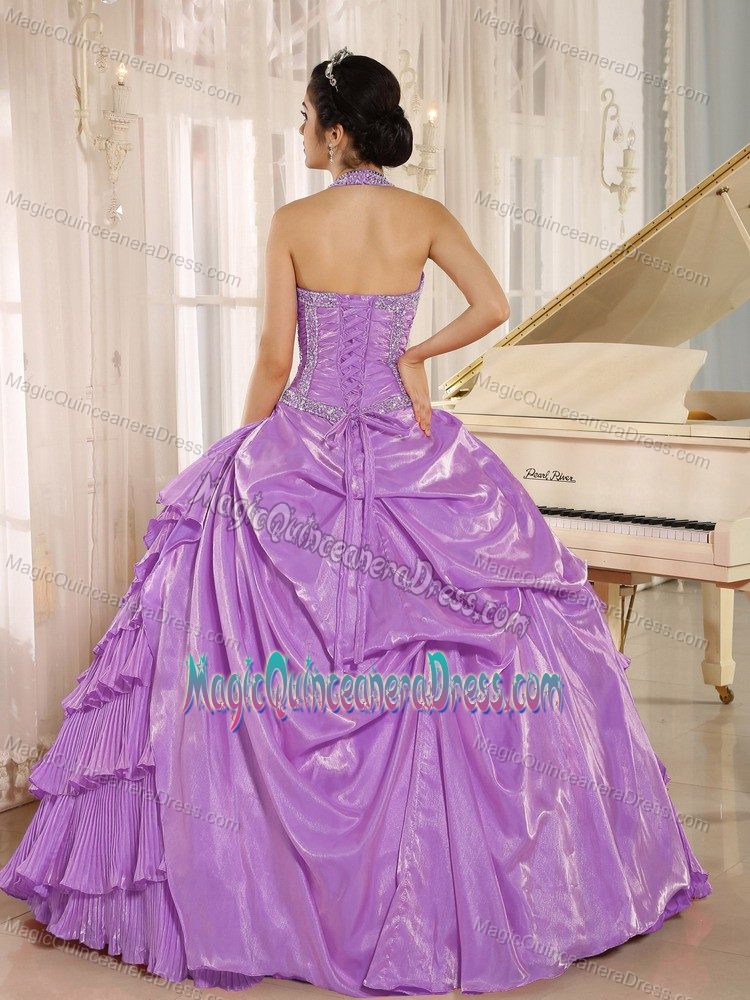 Halter Purple Pleated Quinceanera Dress with Beading in Estacion Zaldvar Chile