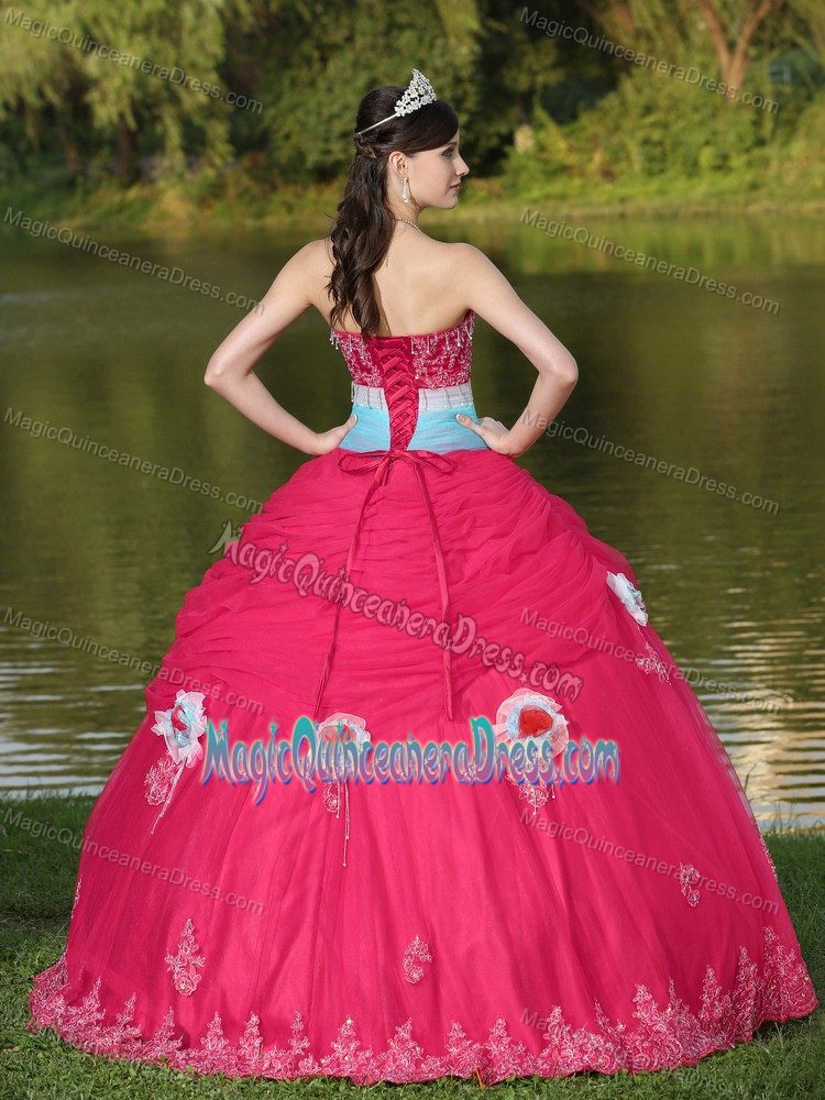 Tulle Strapless Beaded Coral Red Quinceanera Dress with Flower in Antofagasta