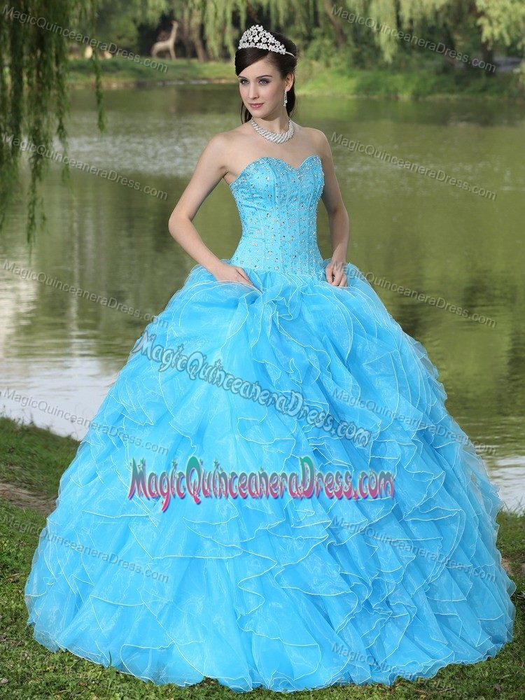 Beaded Ruffled Designer Quinceanera Dress in Aqua with Ruffles in Calama