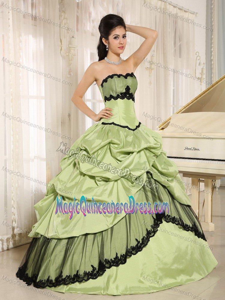 Yellow Green and Black Appliqued Quinceanera Dress with Pick-ups