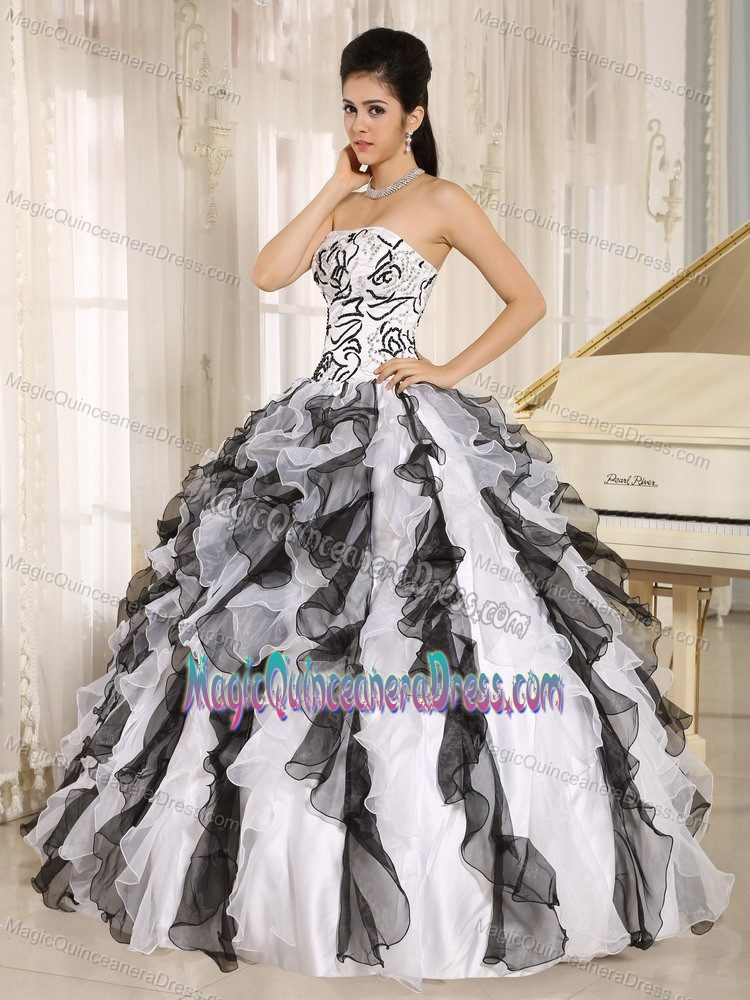 Multi-colored Embroidered Ruffled Strapless Quinceanera Gowns in Caldera