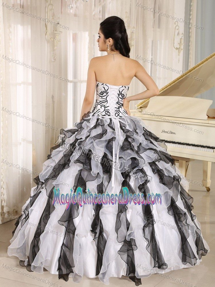 Multi-colored Embroidered Ruffled Strapless Quinceanera Gowns in Caldera