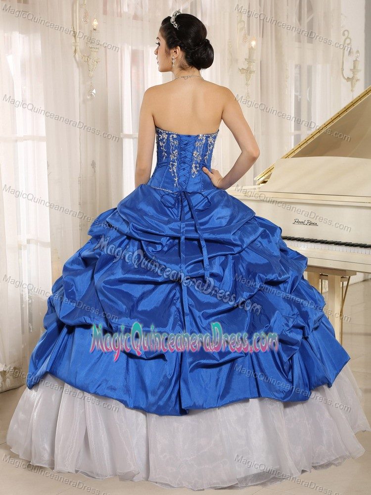 Blue and White Sweetheart Embroidered Quince Dress with Pick-ups