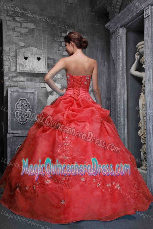Strapless Taffeta and Organza Appliqued Red Quinceanera Dress in Logan