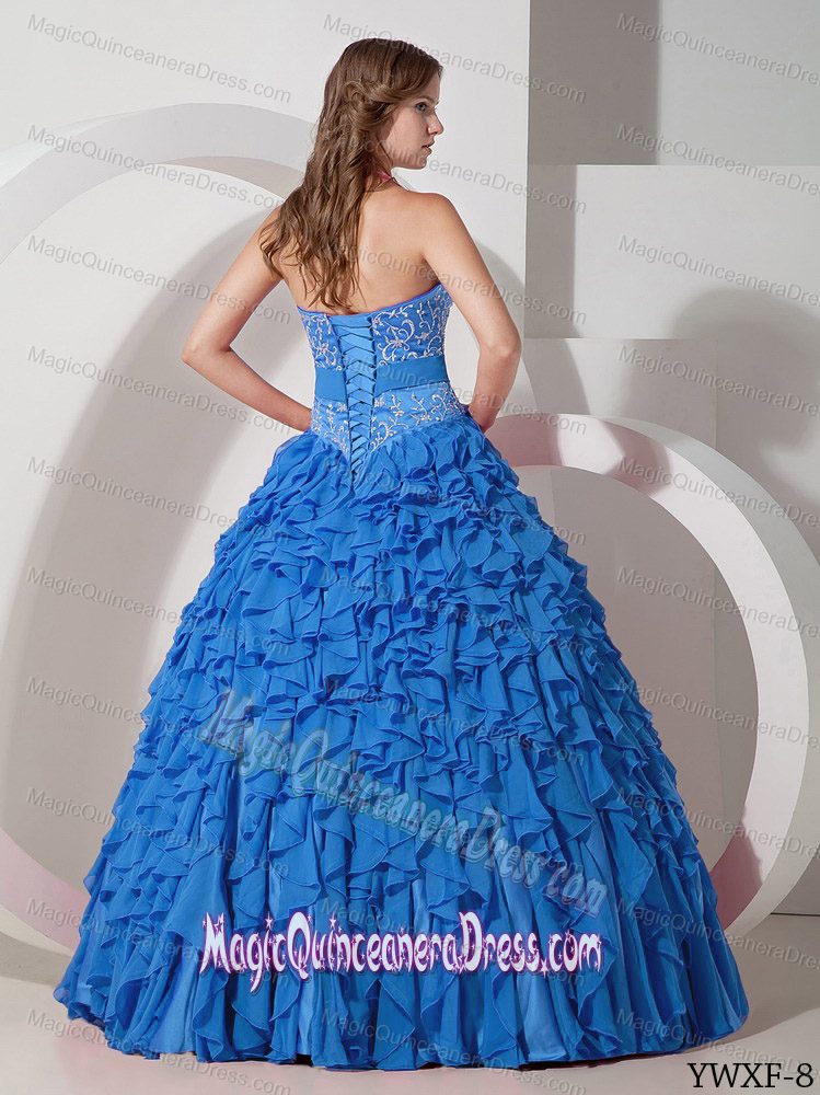 Blue A-line Halter Floor-length Chiffon with Embroidery Sweet Sixteen Dresses
