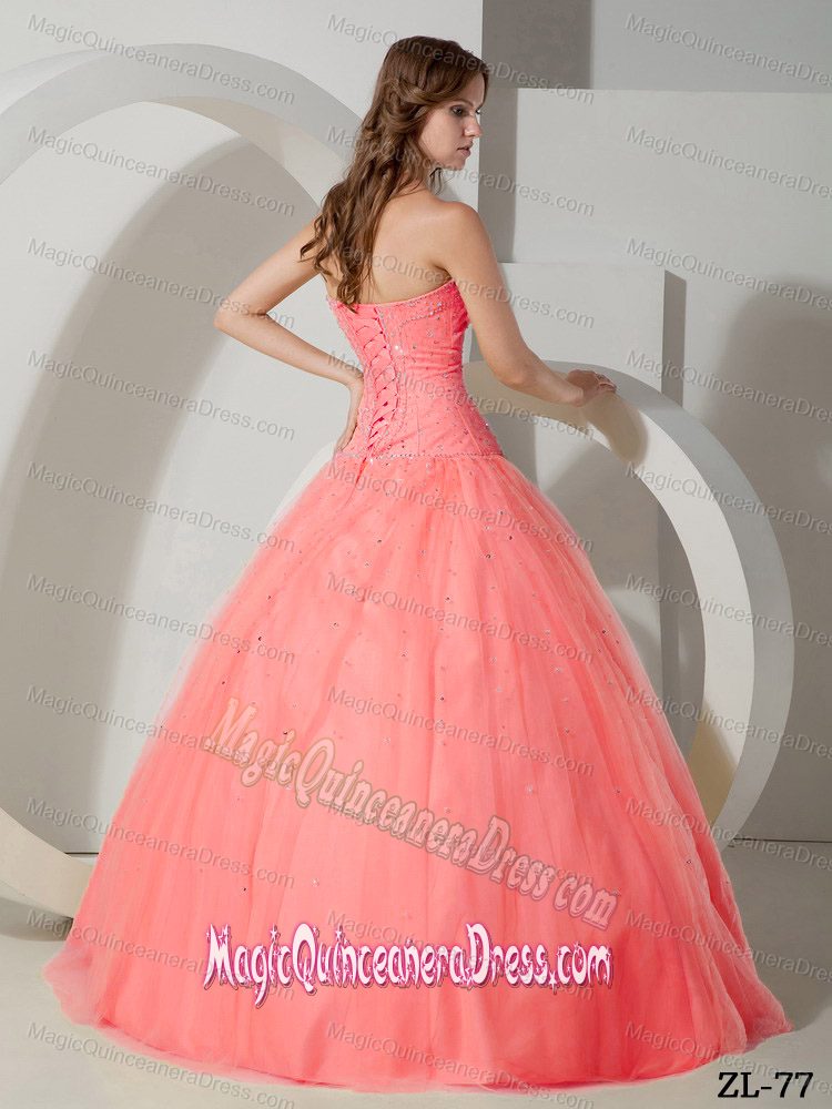 A-line Strapless Floor-length Tulle Beading Watermelon Dress For Quinceanera