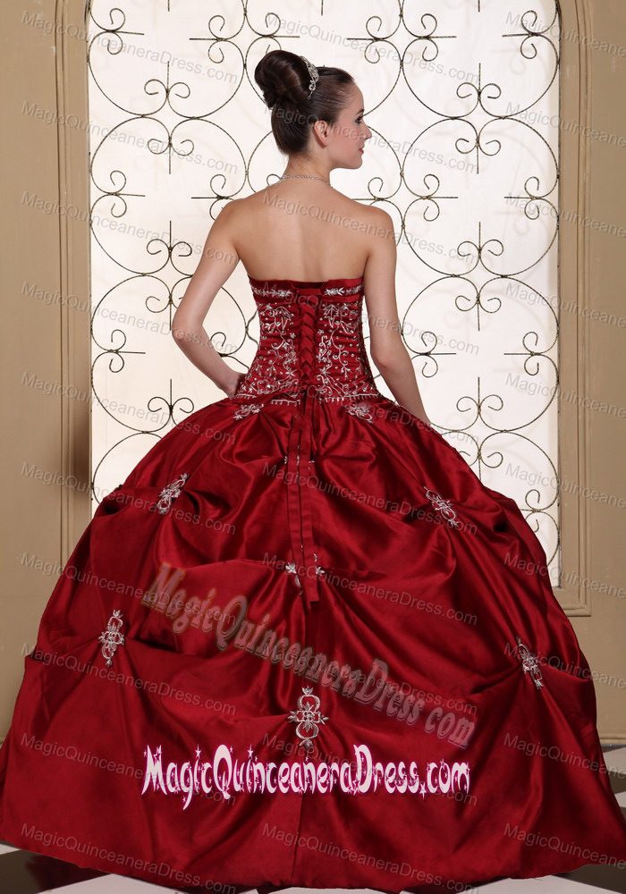 Embroidery in Wine Red Taffeta Pick-ups Strapless Sweet 16 Dresses in Lexington