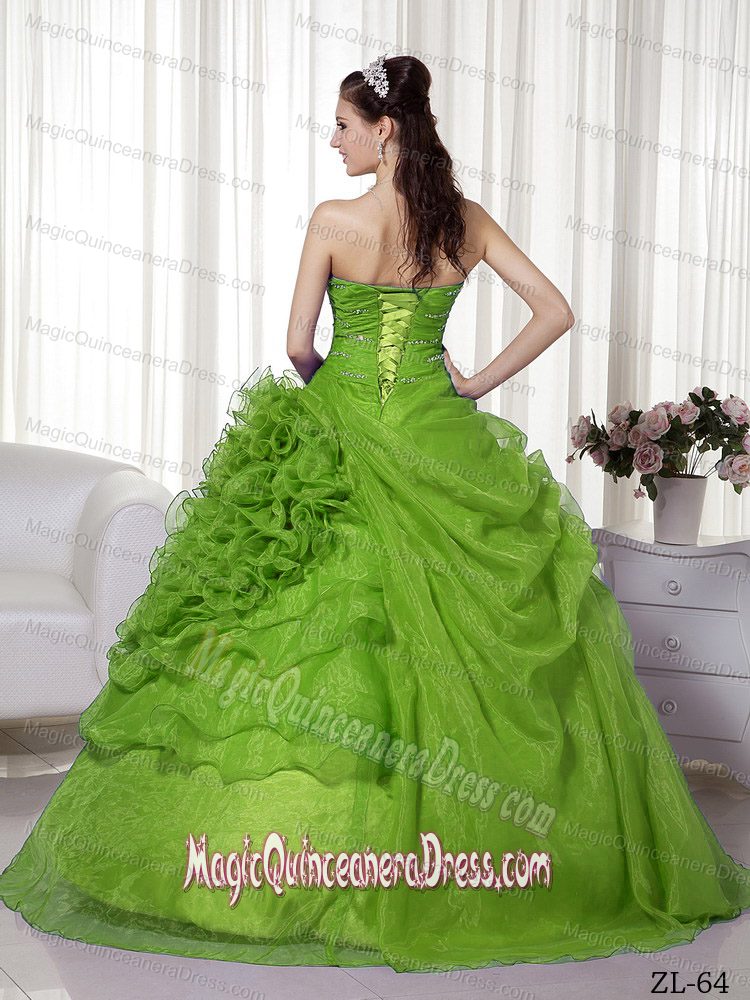 Ball Gown Sweetheart Green Organza Beading and Ruching Quinceanera Dress