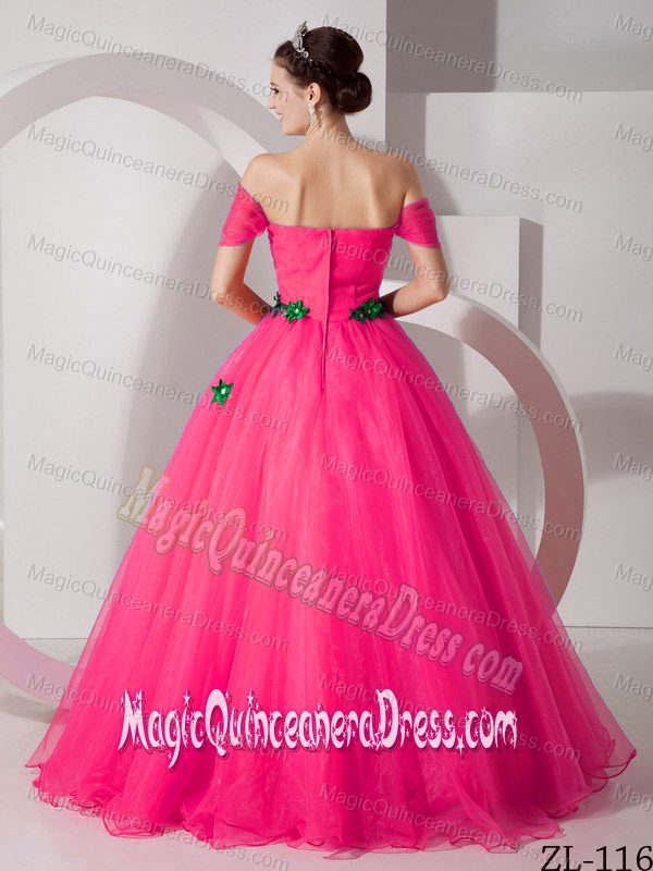 Modest Princess Off The Shoulder Organza Appliques Quinceanera Dress Hot Pink