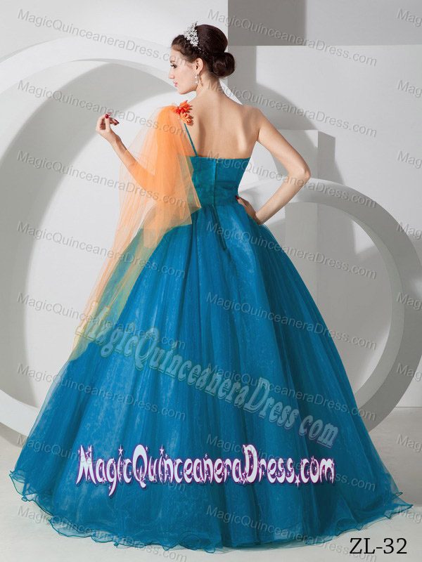 A-line One Shoulder Tea Organza Hand Made Flowers Quinceanera Gown Dresses
