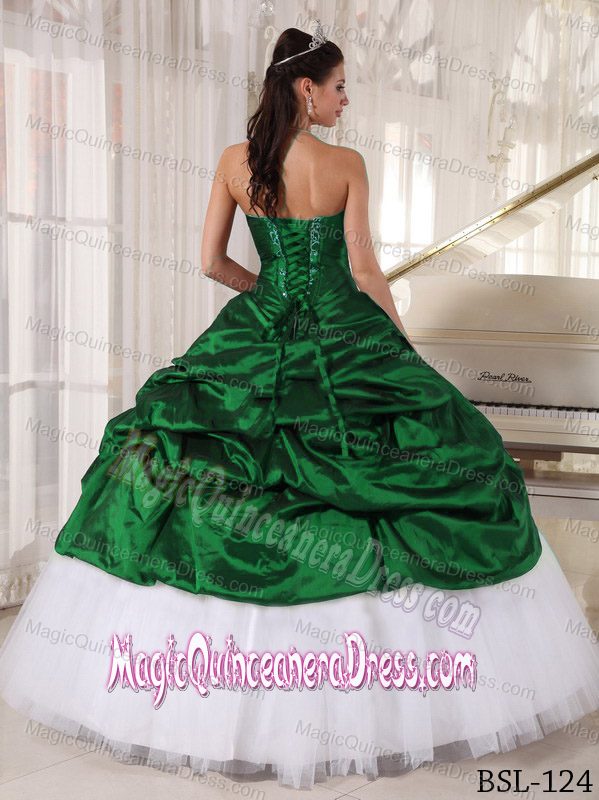 White and Green Sweetheart Appliques Quinceanera Dress in Taffeta and Tulle