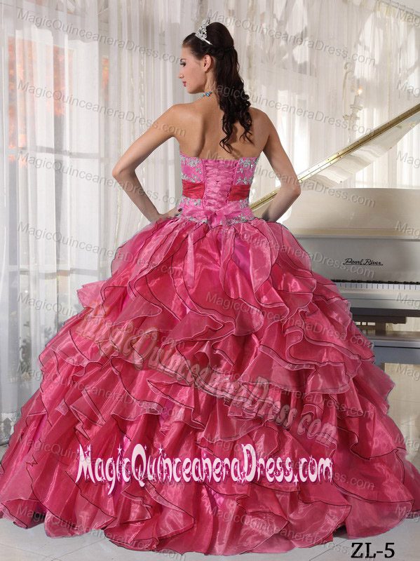 Strapless Ball Gown Organza Appliques Quinceanera Dress Hot Pink in Brockton