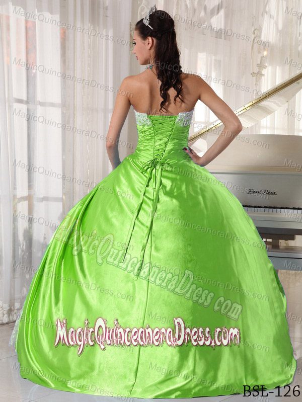 Spring Green Ball Gown Strapless Taffeta with Lace Quinceanera Gowns 2014