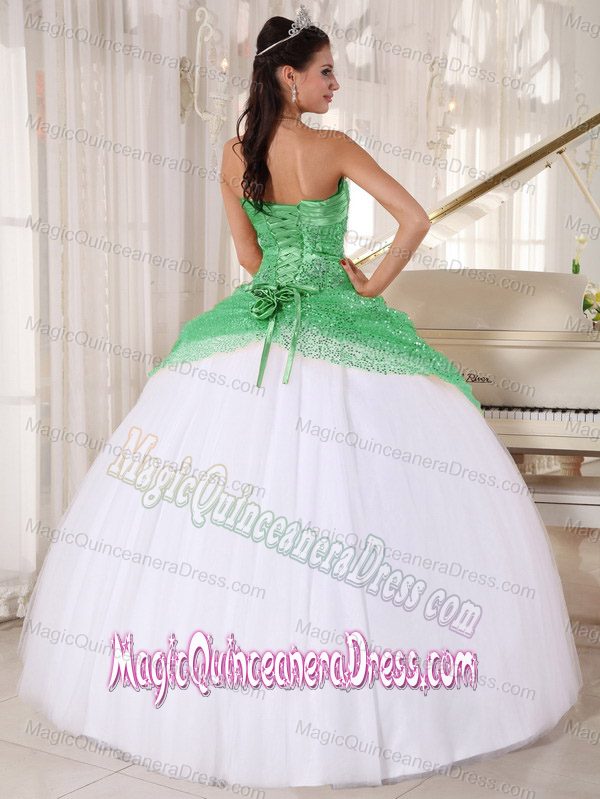 Green and White Spaghetti Straps Tulle and Sequin Appliques Quinceanera Dress