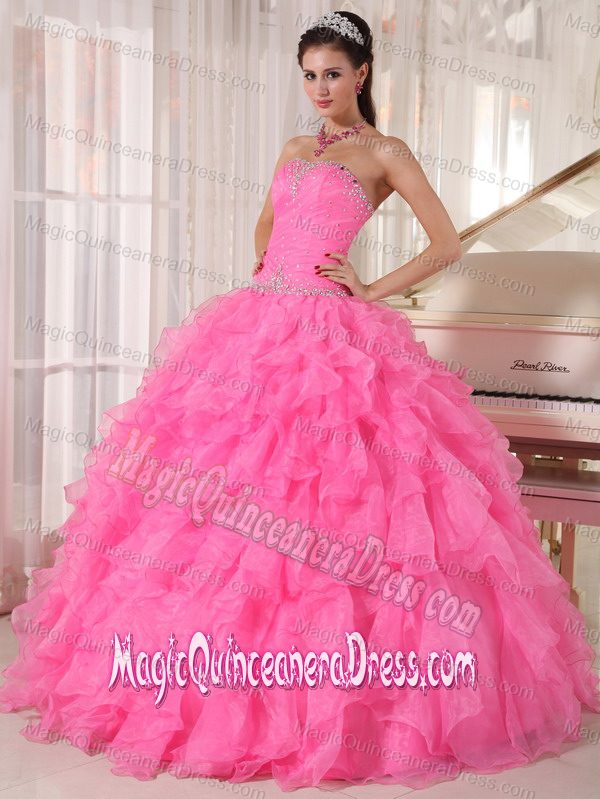Hot Pink Strapless Organza Beading and Ruffles Quinceanera Dress in Arlington